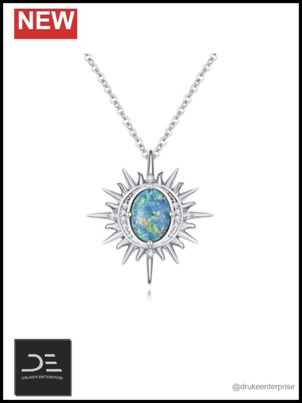 925 Sterling Silver Blue Opal Pendant Necklace Women Sun Charm Jewelry Gift